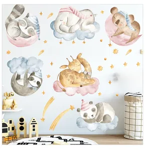 Detailed view of watercolor sleeping animal wall stickers in a cozy nursery bedroom setting