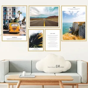 Modern Nordic 5-piece framed wall art set with coastal landscapes and nature scenes