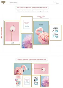 Detail view of pink flamingo and floral PVC wall stickers with layout dimensions 90x60cm