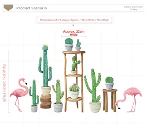 Detailed dimensions of watercolor flamingo and cactus wall stickers for home decor
