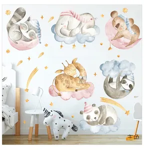 Detail of sleeping animal wall stickers in watercolor style for cozy nursery decor