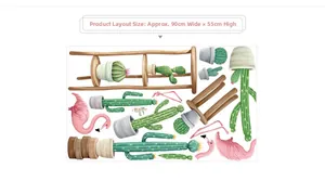 Detailed layout of flamingo and cactus wall stickers with dimensions 90x55cm