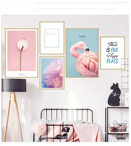 Five-piece modern flamingo wall art set with pink floral patterns and gold frames