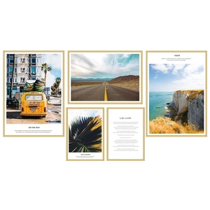 5-piece Nordic wall art set with golden frames featuring nature landscape and yellow bus