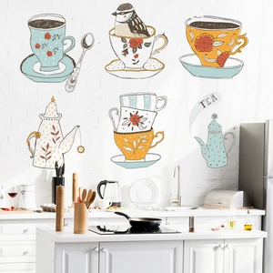 Adesivi murali da cucina impermeabili con tazze da tè dipinte e design con uccelli