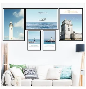 Détail de l'ensemble de cinq tableaux méditerranéens avec phare et motifs marins