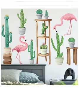 Detailed wall sticker layout featuring watercolor flamingos and cactus plants in a bedroom