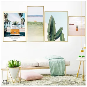 Detail showing Nordic wall art set with beach bus and pineapple prints in a bright living room
