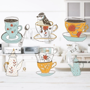 Adesivi da cucina impermeabili con tazze da tè impressioniste e decori floreali