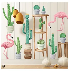Close-up of tropical flamingo and cactus wall stickers in a modern Nordic living room decor