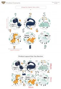 Cartoon dinosaur wall stickers for kids with numbers 1-9 for educational room decor