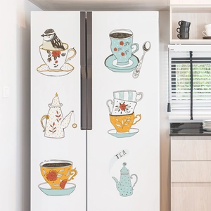 Adesivi da cucina impermeabili con tazze e teiera per decorazione del frigorifero