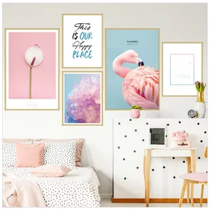 Detailed five-piece flamingo wall art set with pink botanical prints and inspirational text