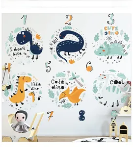 Detail of cute dinosaur cartoon wall stickers with hand-drawn style in a kids nursery room