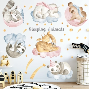 Watercolor Sleeping Animals Wall Stickers Kids Nursery Room Decoration Cartoon Animal Wall Decals Removable PVC Home Decor