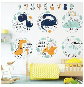 Detail of colorful cartoon dinosaur and number wall stickers in a cozy child's bedroom