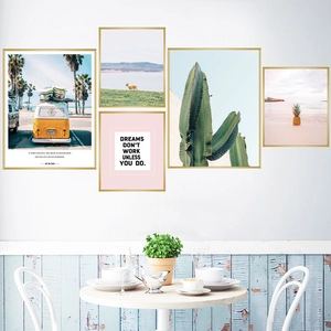 Nordic Style Scenery Cactus Bus PVC Wall Sticker Pink Sunset Beach Decorative Self-Adhesive Wall Decal For Bedroom Dorm Living Room Decoration