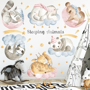 Watercolor sleeping forest animals wall stickers for kids nursery bedroom decor