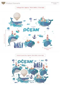 Detail view of blue ocean whale wall stickers with dimensions and layout for kids' rooms