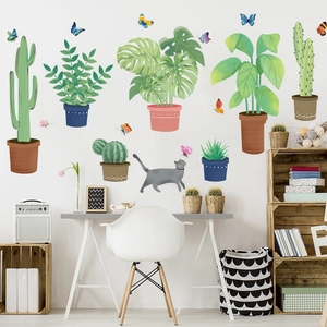 Tropical green potted plants and cat self-adhesive wall stickers for home decoration