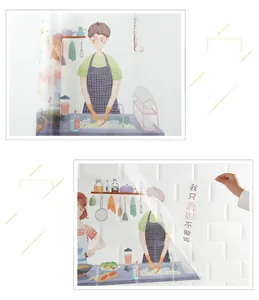 Kitchen oil-proof wall sticker with cartoon apron character and text on white tiles