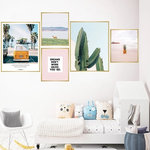 5-piece wall art set with tropical cactus, beach scenes and motivational quotes for home decor