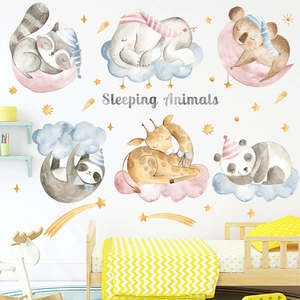 Watercolor sleeping animals wall stickers with moon and stars for kids room decor
