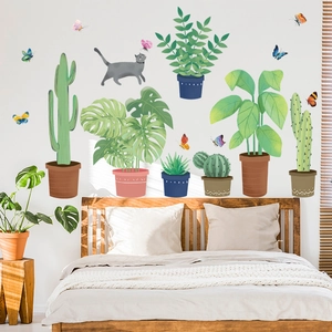 Tropical green plants and grey cat self-adhesive wall stickers for cozy bedroom decor