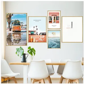 Detailed view of 5-piece beach landscape wall art set in elegant gold brushed frames
