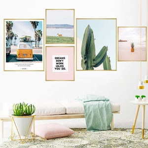 Five-piece modern wall art set featuring cactus and beach themes in gold frames