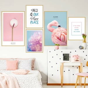 5-piece pink flamingo and floral wall art set with modern gold frames for bedroom decor