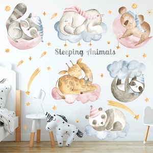 Cartoon sleeping animals wall stickers for kids room with watercolor stars and clouds