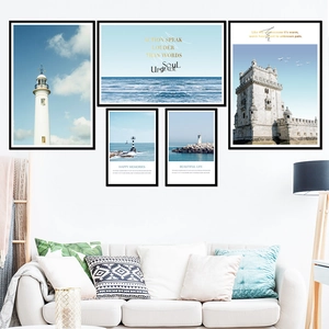 Set de 5 tableaux déco Méditerranée bleue avec phare et château pour le salon