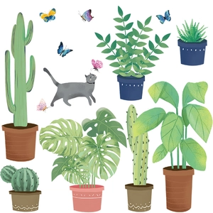 Self-adhesive tropical green plants and cute cat wall stickers for home decoration