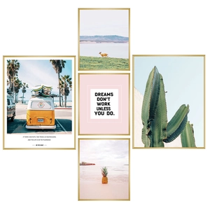 Modern Nordic wall art set with yellow bus, cactus, and deer in gold frames