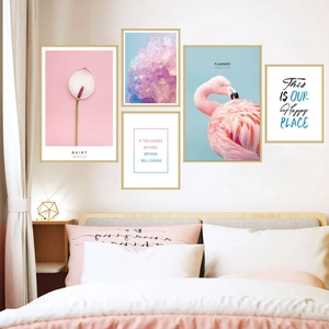 Five-piece modern pink flamingo and floral wall art set with slim gold frames for bedrooms