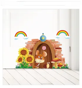 Détail de l'autocollant mural souris avec tournesols et arc-en-ciel pour chambre d'enfant