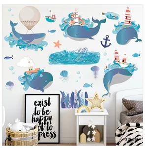 Detail of magic ocean whale wall stickers with fairy tale houses for kids room decoration
