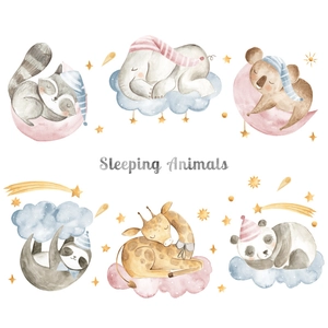 Watercolor sleeping animals wall stickers set featuring elephant koala and stars for nursery
