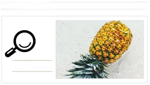 Dettaglio macro della buccia dorata dell'ananas e delle foglie verdi della corona