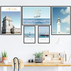Ensemble de 5 cadres muraux paysage côtier méditerranéen bleu pour décor moderne