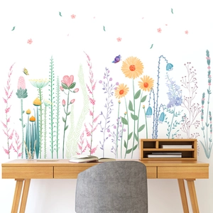 Autocollant Mural en PVC Imperméable Motif Floral Aquarelle Tournesol Papillon Plantes Décalcomanie Décorative pour Chambre