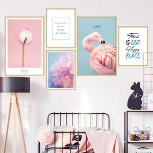 Modern pink flamingo and floral five-piece framed wall art set for bedroom decor