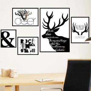 Nordic Minimalist Reindeer Wall Stickers 5 Pieces Set Waterproof PVC Black White Photo Frame Effect Decorative Decals For Home Office