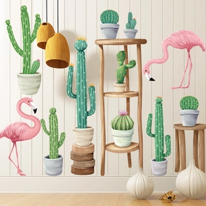 Nordic flamingo and cactus wall stickers for a cozy living room home decor setup