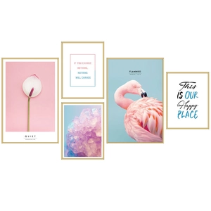 Pink flamingo and floral 5-piece wall art set with modern gold frames for bedroom decor