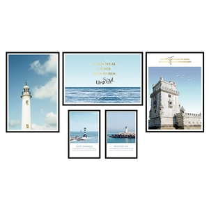 Tableau mural 5 pièces paysage méditerranéen et phare bleu au style nordique