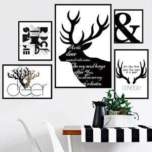 Nordic minimalist black and white wall art set with elk silhouette and black frame