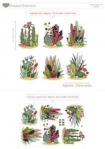 Detail showing individual cactus plant dimensions and layout for the wall sticker set