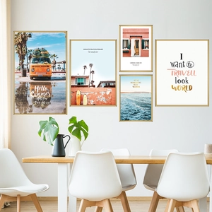 5-piece beach landscape wall art set featuring yellow bus and ocean themes with gold frames